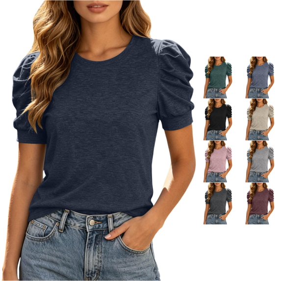CAIVO Women Blouses Dressy Casual Summer Tee For Basic Round Neck Tops Lightweight Solid Color Short Sleeve Cozy Shirts