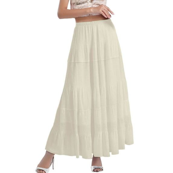 CAIVO Women Chiffon White Flowy Maxi Skirts Boho Summer Elastic Waisted Pleated A-Line Long Skirt For Women Solid Color Birthday Dailywear