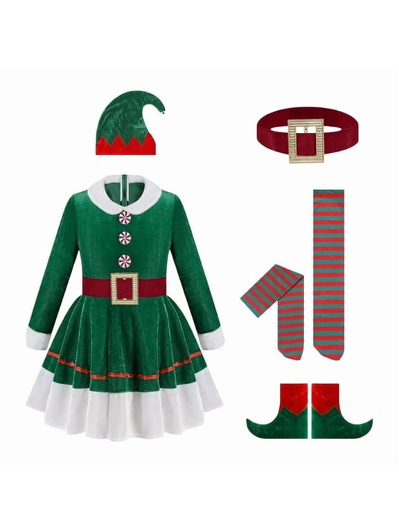 Women Christmas Elf Costume Set, Adult Green Velvet Elf Dress with Hat Belt Socks Shoes for Holiday Role-Play Party