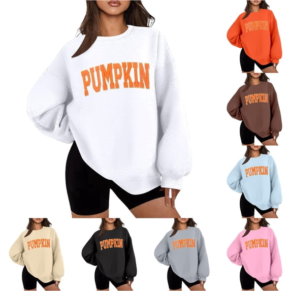 CAIVO Women Crew Neck Casual Letter Pumpkin Print Loose Sweatshirt Fashion Halloween Autumn Winter Tops For Daily Wear Long Sleeve Pullover Lightweight Cozy Fall Streetwear