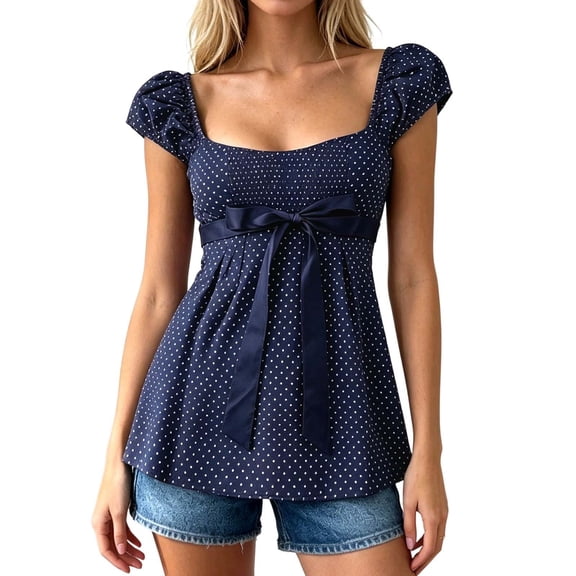 CAIVO Women Elegant French Pattern Puff Sleeve Shirt With Button Bow Tie And Curved For Short Sleeve Square Collar Polka Dots Fashionable Tops