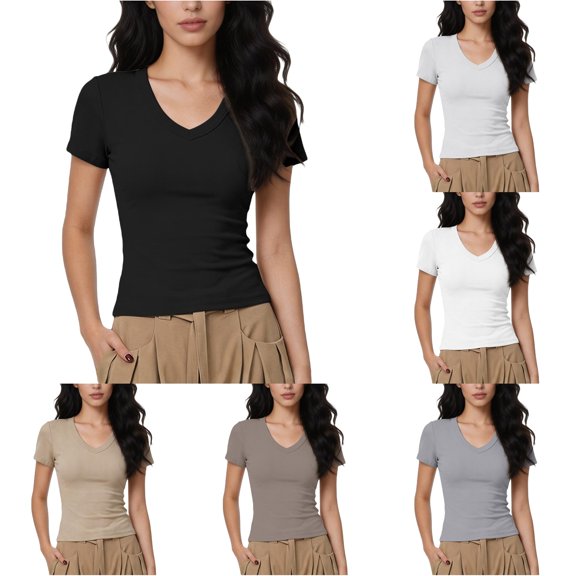 CAIVO Women Shirts Casual Elegant Slim Fit Short Sleeve Tops Summer Knit And Comfortable Stretch V-Neck Solid Color Comfort Shirts