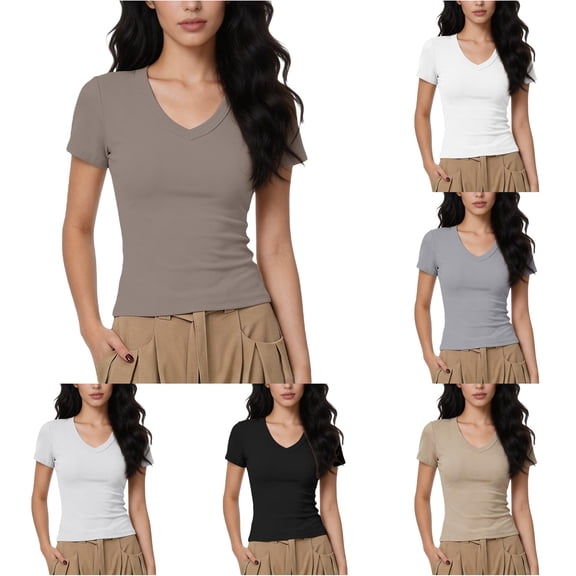 CAIVO Women Shirts Casual Elegant Slim Fit Short Sleeve Tops Summer Knit And Comfortable Stretch V-Neck Solid Color Holiday Shirts