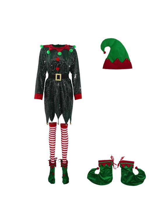 Women Elf Role-Play Outfit, Green Red Long-Sleeve Fancy Dress with Pom-poms Bells for Xmas Dress-up & Stage Performance Costume