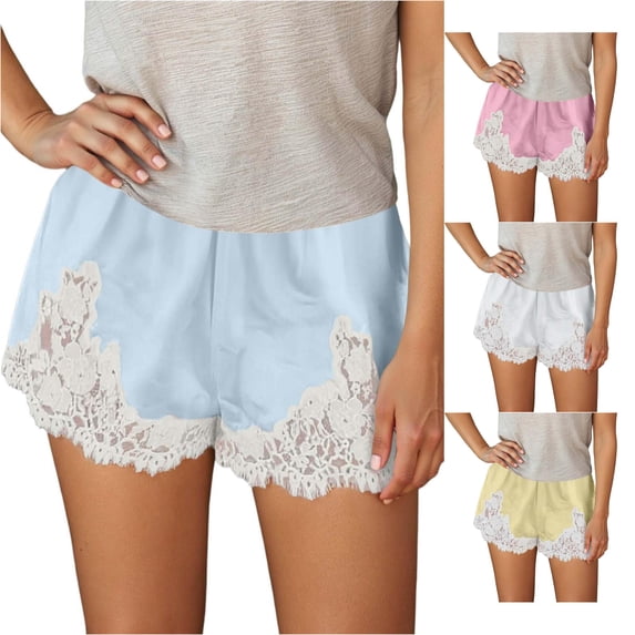 CAIVO Women Fashion Casual Shorts With Lace Trim Design High Waist Wide Leg Autumn Comfortable Soft Stretch Relaxed Fit Summer Outdoor Work Solid Color Bottoms