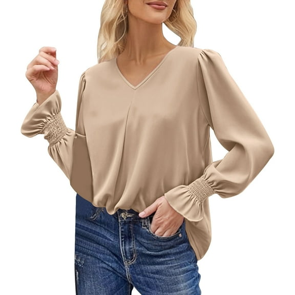 CAIVO Women Flowy Chiffon Blouse With V Neck Solid Color Tops Shirts Elegant Long Sleeve For Autumn Casual Wear Birthday Wear