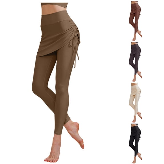 CAIVO Women High Waist 2 in 1 Skirted Yoga Leggings, Adjustable Side Drawstring Soft Stretch Full Length Workout Pants for Pilates Gym Daily Wear