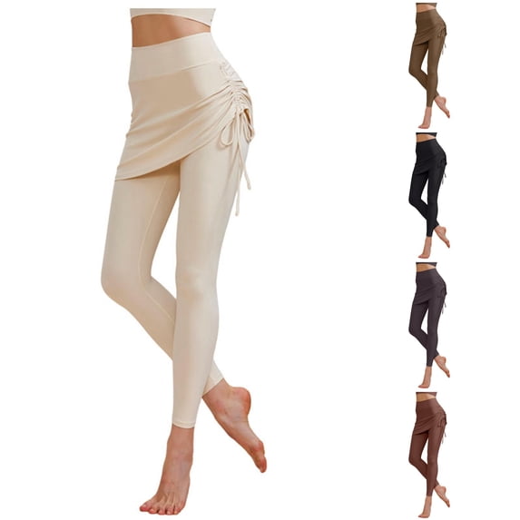 CAIVO Women High Waist 2 in 1 Skirted Yoga Leggings, Adjustable Side Drawstring Soft Stretch Full Length Workout Pants for Pilates Gym Daily Wear
