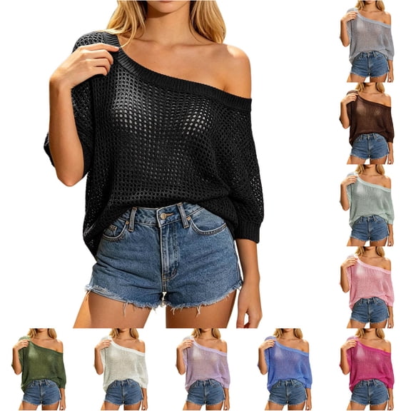 CAIVO Women Hollow Out Pullover Beach Cover Up Knit Sweater Tops Casual Loose Fit Summer Fashion Tee Half Sleeve Slash Neck Solid Color Cozy Shirts