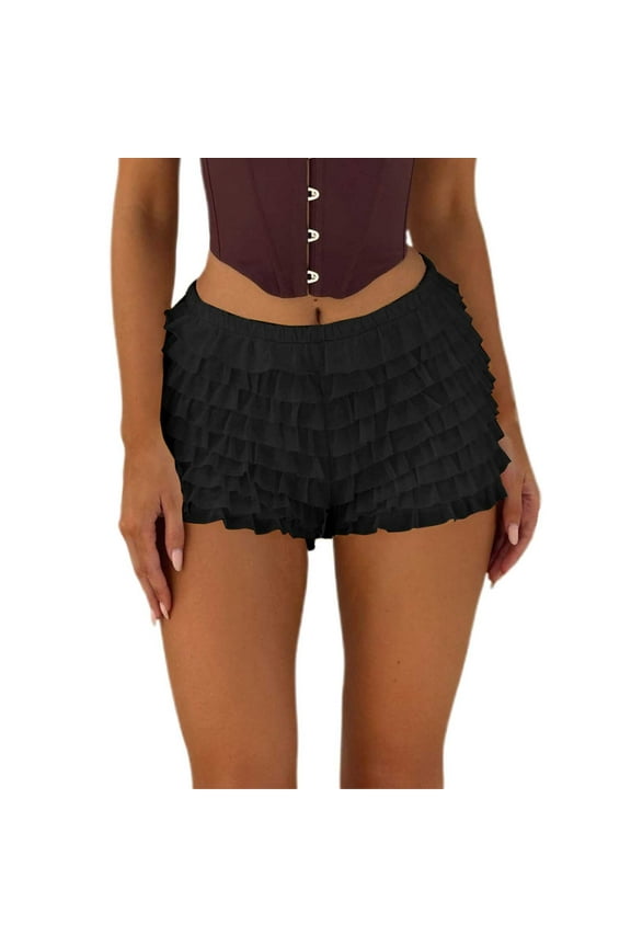 Women Lace Mini Skirt Low Rise Micro Skirt Asymmetrical Ruffle Hem Flared Shorts Solid Color Daily Bottoms Soft