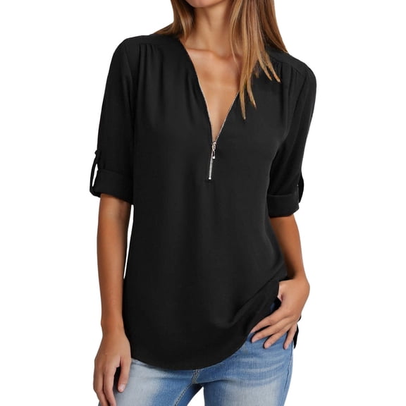 CAIVO Women Ladies Button Loose Shirt Chiffon Zipper V-Neck Long Sleeve Plus Size Tops Summer Blouse Boho Solid Color Back To School Dailywear