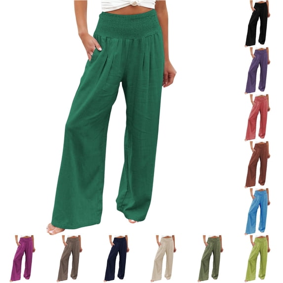 CAIVO Women Linen Pants Summer Solid Color Stretch Smocked High Waist Wide Leg Casual with Elastic Cuffs and Pockets Long Trousers