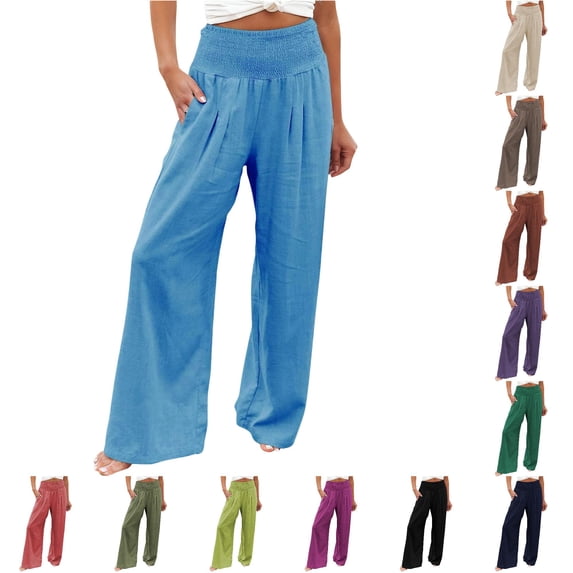CAIVO Women Linen Pants Summer Solid Color Stretch Smocked High Waist Wide Leg Casual with Elastic Cuffs and Pockets Long Trousers