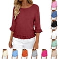thumbnail image 1 of CAIVO Women Blouses Dressy Casual Linen Round Neck Ruffle Sleeve Loose 3/4 Sleeve O-Neck Solid Color Cozy Tops, 1 of 5