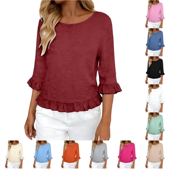 CAIVO Women Blouses Dressy Casual Linen Round Neck Ruffle Sleeve Loose 3/4 Sleeve O-Neck Solid Color Cozy Tops
