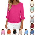 thumbnail image 1 of CAIVO Women Blouses Dressy Casual Linen Round Neck Ruffle Sleeve Loose 3/4 Sleeve O-Neck Solid Color Leisure Tops, 1 of 5