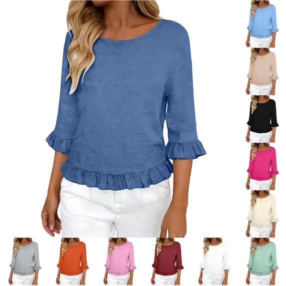 CAIVO Women Blouses Dressy Casual Linen Round Neck Ruffle Sleeve Loose 3/4 Sleeve O-Neck Solid Color Leisure Tops