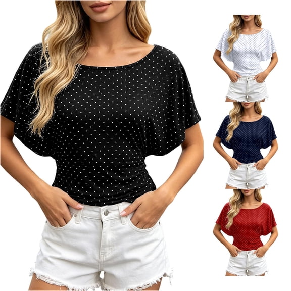 CAIVO Women Shirts Casual Loose Batwing Short Sleeve Tunic T Shirt Polka Dots Wrap O Neck Blouse Short Sleeve Breathable Tops