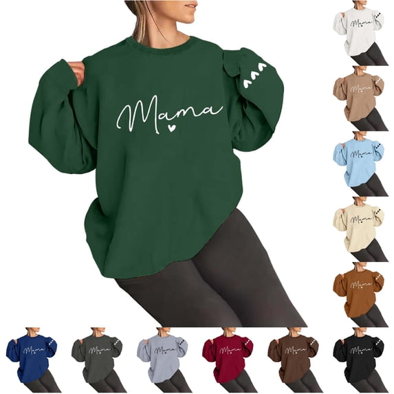 CAIVO Women MAMA Letter Print Crew Neck Long Sleeve Pullover Sweatshirt For Women Breathable Stretch Fall Tops