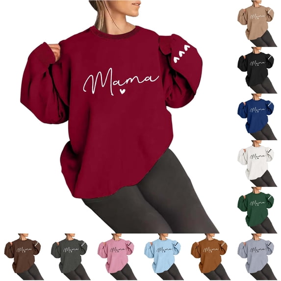 CAIVO Women MAMA Letter Print Crew Neck Long Sleeve Pullover Sweatshirt For Women Relaxed Fit Fall Tops
