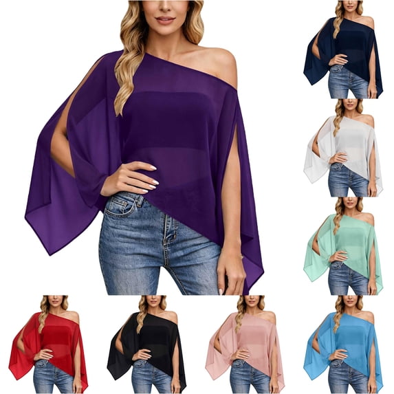 CAIVO Women Blouses Dressy Casual Off Shoulder For Lightweight Loose Fit Chiffon Batwing Sleeve Tops In Solid Color Breathable Shirts