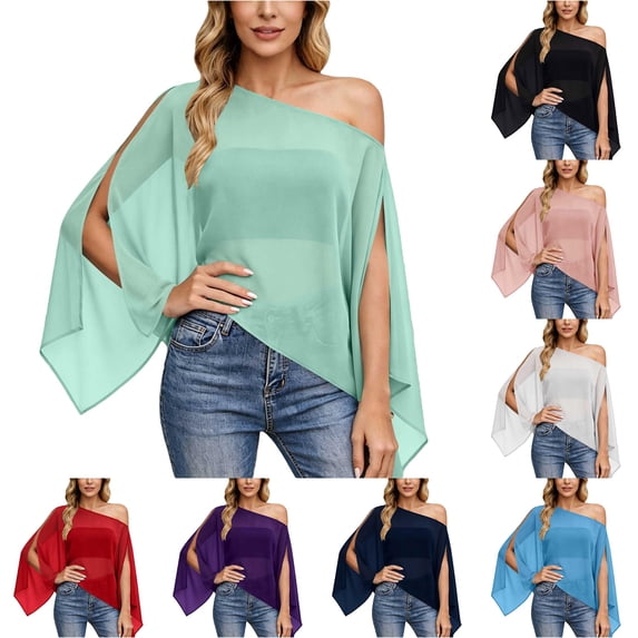 CAIVO Women Blouses Dressy Casual Off Shoulder For Lightweight Loose Fit Chiffon Batwing Sleeve Tops In Solid Color Stylish Shirts