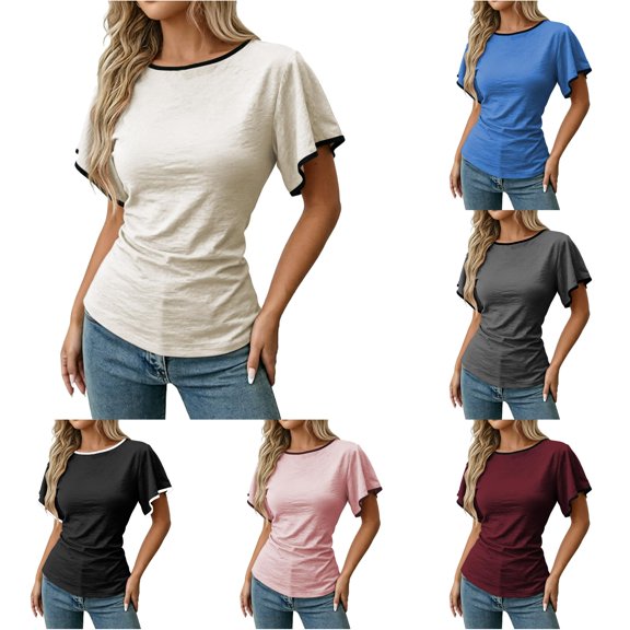 CAIVO Women Off Shoulder With Flounce Sleeves Contrast Binding Design Breathable Summer Blouse Short Sleeve O-Neck Solid Color Soft Tops