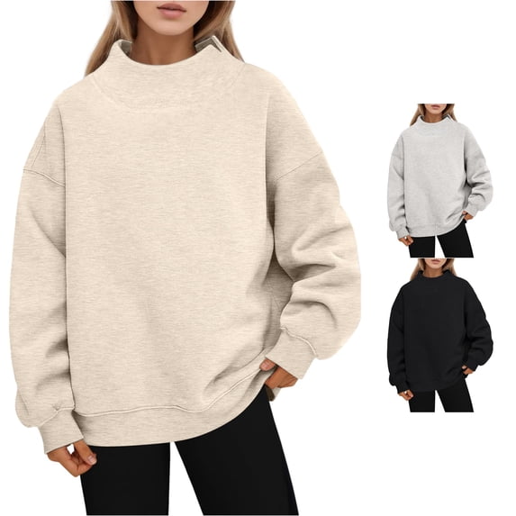 CAIVO Women Oversized Sweatshirt Mock Neck Pullover Long Sleeve Tops Fall Clothing Solid Color Soft Streetwear