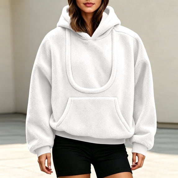 CAIVO Women Pet Carrying Hoodie Oversized Fuzzy Pullover With Dog Pouch Long Sleeve Drawstring Warm Casual Winter Tops Breathable Streetwear