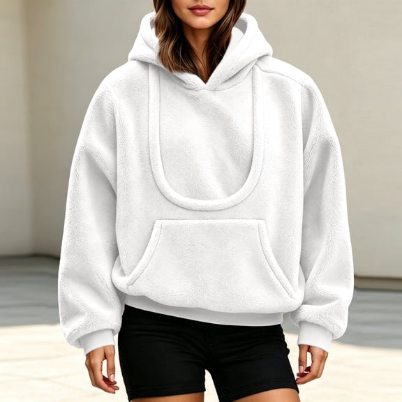 CAIVO Women Pet Carrying Hoodie Oversized Fuzzy Pullover With Dog Pouch Long Sleeve Drawstring Warm Casual Winter Tops Breathable Streetwear