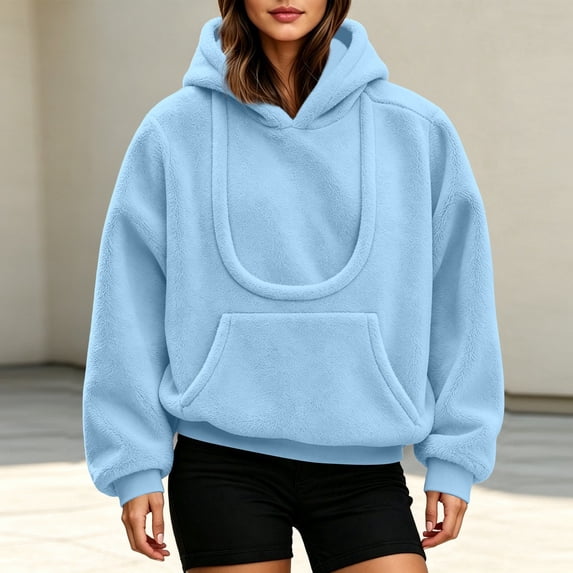 CAIVO Women Pet Carrying Hoodie Oversized Fuzzy Pullover With Dog Pouch Long Sleeve Drawstring Warm Casual Winter Tops Soft Streetwear