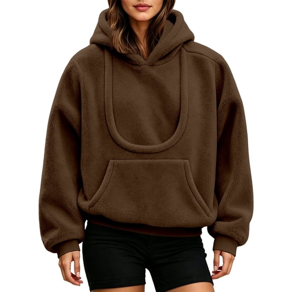 CAIVO Women Pet Carrying Hoodie Oversized Fuzzy Pullover With Dog Pouch Long Sleeve Drawstring Warm Casual Winter Tops Versatile Streetwear