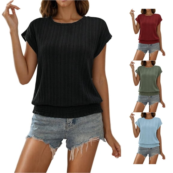 CAIVO Women Shirts Casual Plus Size Batwing Sleeve Half Sleeve T Shirt Loose Fit Round Neck Blouse For Summer Solid Color Boho Tops