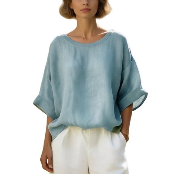 CAIVO Women Plus Size Casual Shirt Solid Color Comfortable Loose Fit Round Neck Drop Shoulder Tunic Tops Summer Blouse Vacation Back To School Dailywear