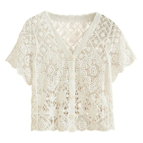CAIVO Women Plus Size Fashion Tops Summer Stylish Lace Knit Short Sleeve Cardigan Lightweight Open Front Tops For Everyday Wear Solid Color Versatile Dailywear