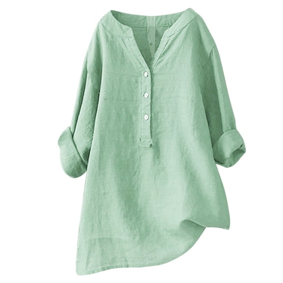 CAIVO Women'S Solid Color Loose Plus Size Long Texture Shirt Notch V Neck Long Sleeve Fashionable Summer Blouse Back To School Tops