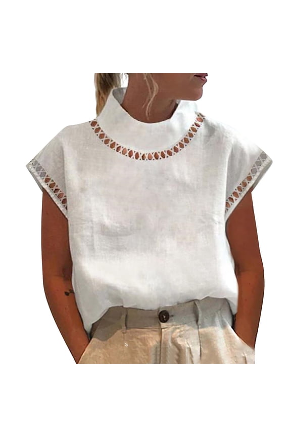Women'S Solid Color Summer Blouse Hollow Pullover Lace Slim Sleeveless Short Sleeve High Collar Shirt Tops Vest Versatile Back To School Dailywear