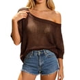 thumbnail image 1 of CAIVO Women Slash Neck Hollow Out Pullover Beach Cover Up Knit Sweater One Shoulder Casual Loose Fit Summer Fashion Half Sleeve Solid Color Tops, 1 of 4