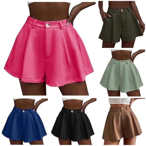 CAIVO Women Stretchy High Waisted Pleated Wide Leg Shorts With Pockets Relaxed Fit Summer Outdoor Casual Solid Color Bottoms
