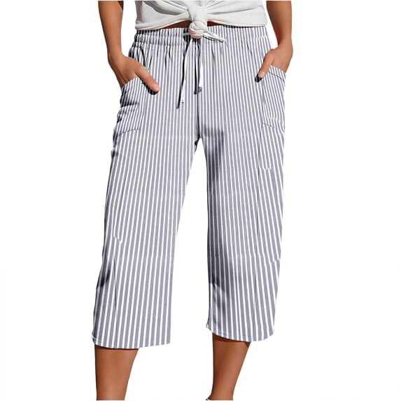 CAIVO Women Summer Capri Pants Fashion Striped Print Button Casual Versatile Drawstring Loose Ankle Length Pants Cozy Trousers