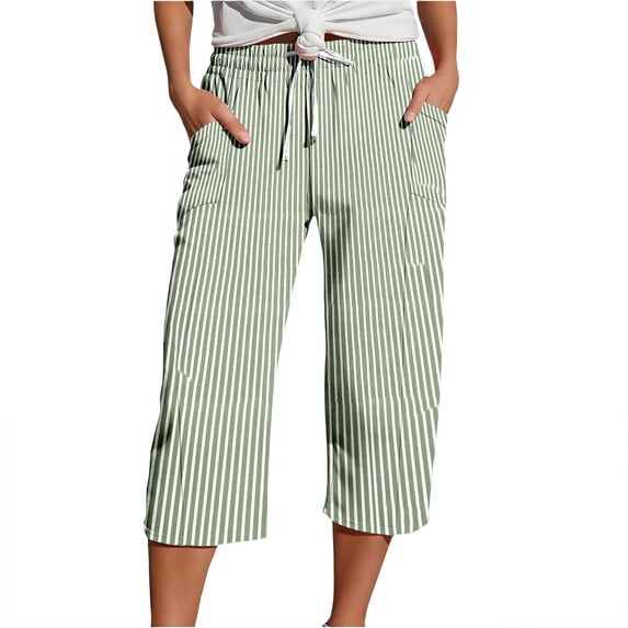 CAIVO Women Summer Capri Pants Fashion Striped Print Button Casual Versatile Drawstring Loose Ankle Length Pants Leisure Trousers