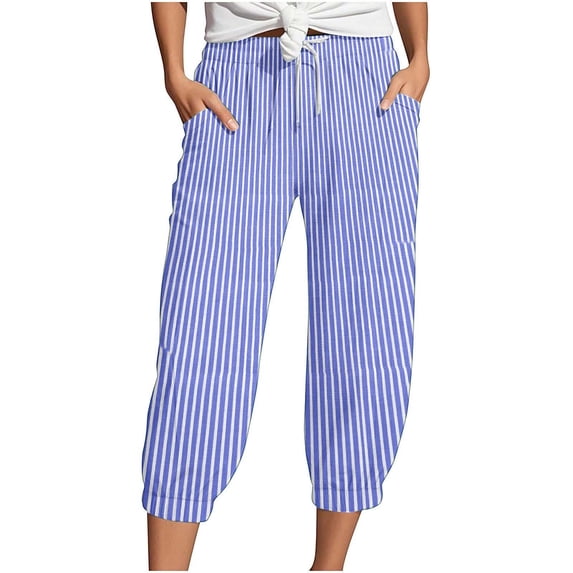 CAIVO Women Summer Capri Pants Fashion Striped Print Button Casual Versatile Drawstring Loose Ankle Length Pants Trendy Trousers