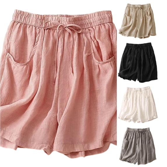 CAIVO Women Summer Linen Blend Wide Leg Shorts Elastic Waist Comfortable Casual Retro Style Loose Fit Cropped Stylish Outdoor Work Solid Color Bottoms