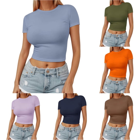 CAIVO Women Shirts Casual Summer Pullover Thin Round Neck Fashionable Short Sleeved Milk Silk Tops Solid Color Holiday Shirts
