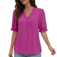 thumbnail image 1 of CAIVO Women Summer Short Sleeve Shirt Fashion Hollow Out Blouse With Pocket V-Neck Casual Birthday Solid Color Back To School Tops, 1 of 5