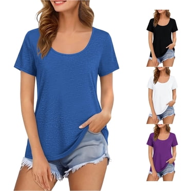 CAIVO Women Shirts Casual Summer Short Sleeve Square Neck Slim Fit Solid Color Tops Going Out Tee Vacation Shirts
