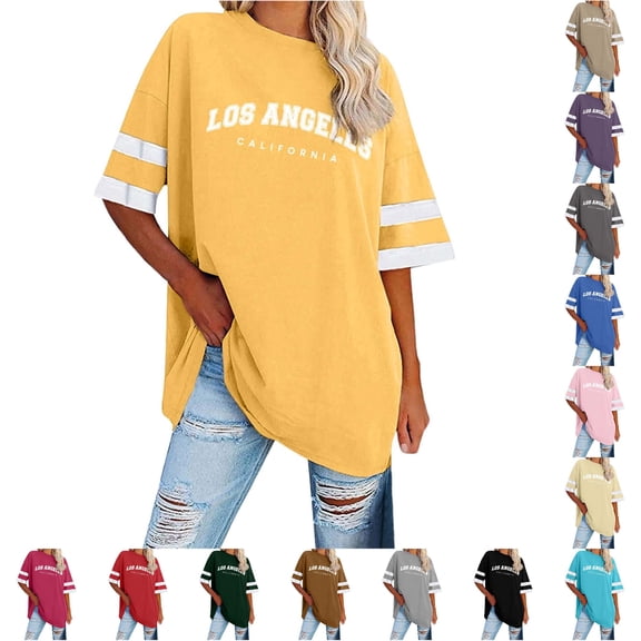 CAIVO Women T-Shirt Ladies Loose Fit Letter Striped Short Sleeve Casual Tops Summer O-Neck Leisure Shirts