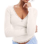 CAIVO Women V Neck Lace Long Sleeve Shirts Basic Fitted Double Lined Going Out Trendy Fall Tops Summer Blouse Trendy Solid Color Back To School Dailywear
