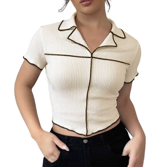 CAIVO Women's Casual Short Sleeve Button Down Shirt With Classic Collar And Black Trim Pure Color Summer Blouse Leisure Back To School Tops