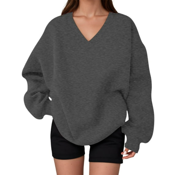 CAIVO Women's Oversized V Neck Long Sleeved Pullover Elegant Casual Cute Sporty Sweatshirt Christmas Winter Leisure Tops